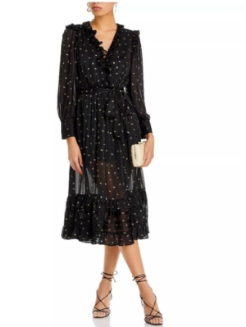 Aqua Women's Ruffle Trim Clip Dot Midi Wrap Dress, Medium, Black